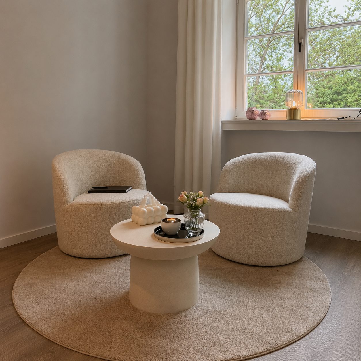 Raum für Dich, zwei Bouclé-Sessel im Haus Breitmaar