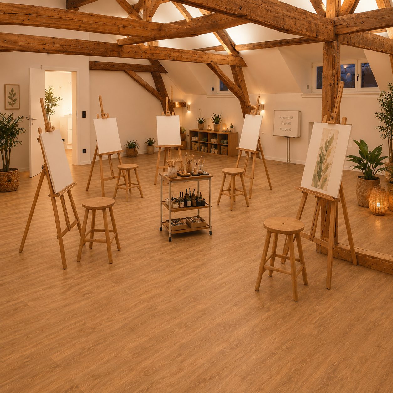 Workshop-Raum im Haus Breitmaar mit Staffeleien für Paint & Talk